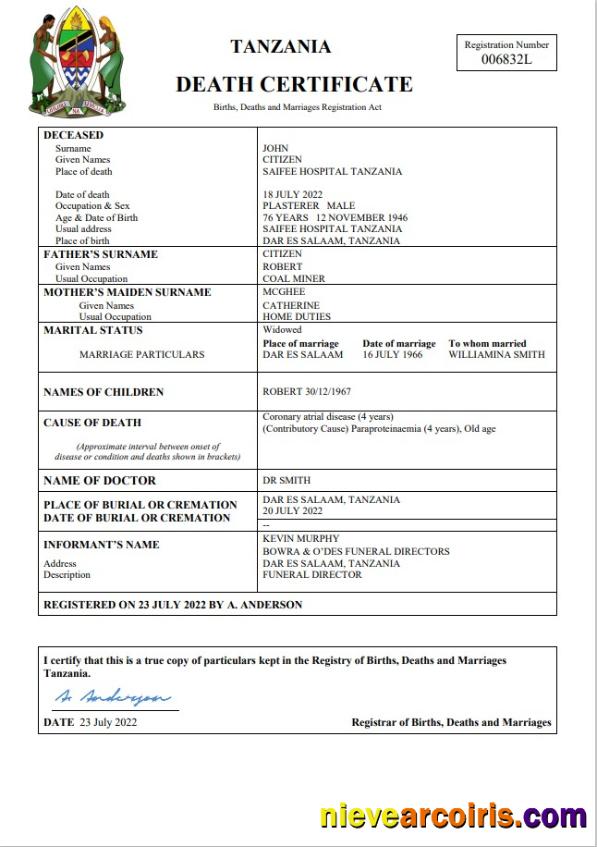 Tanzania vital record death certificate